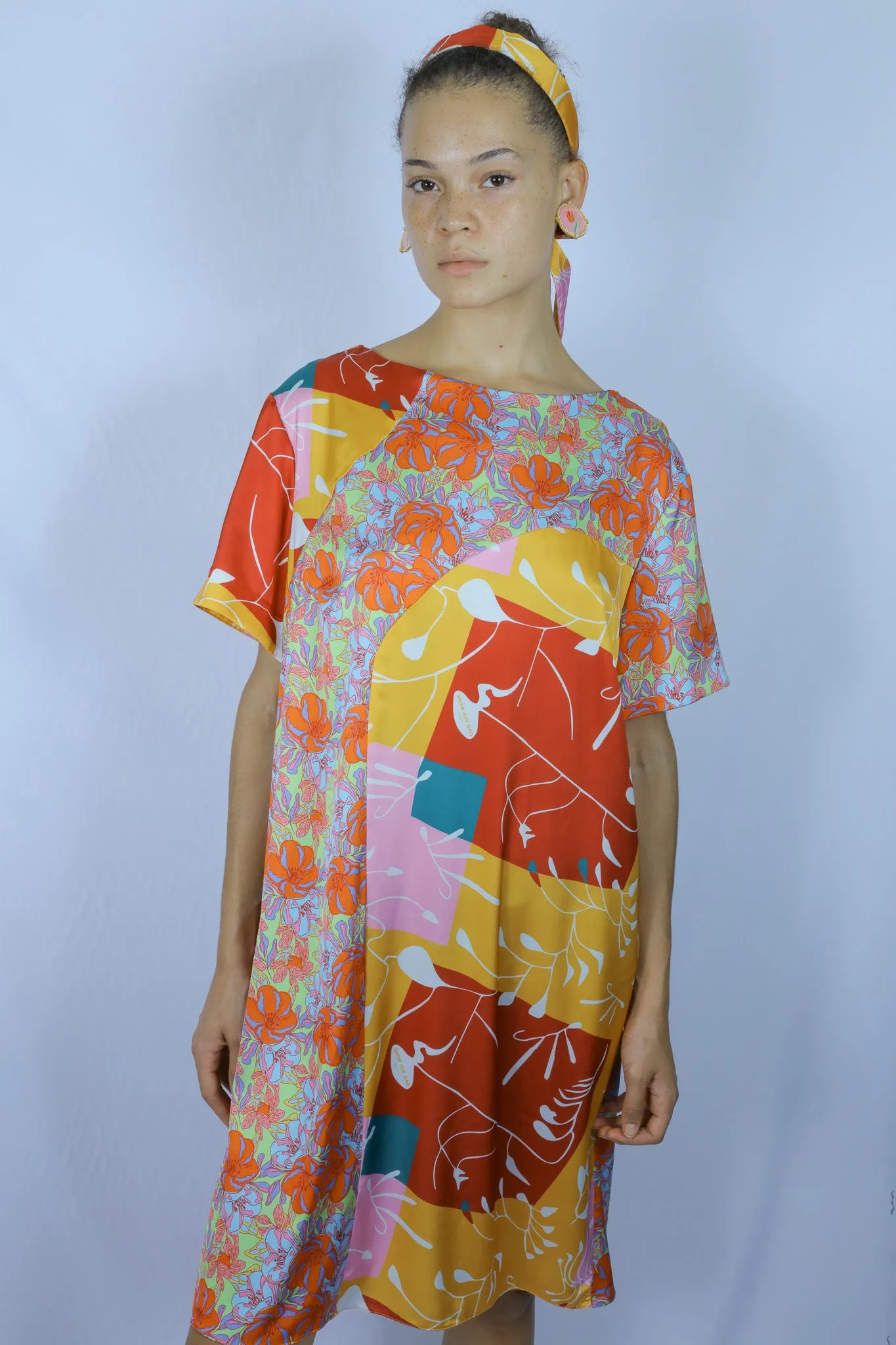 Silk Printed Orange Abstract Tunic Dress