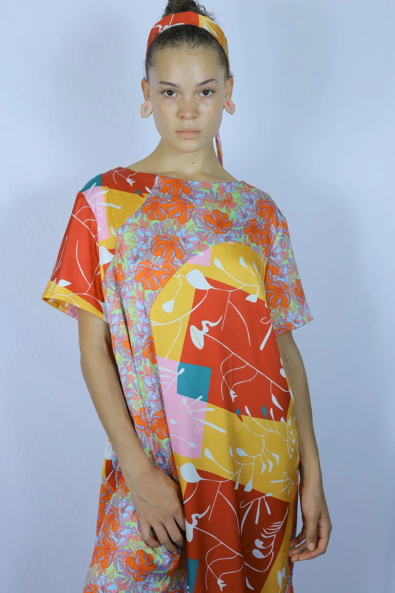 Silk Printed Orange Abstract Tunic Dress