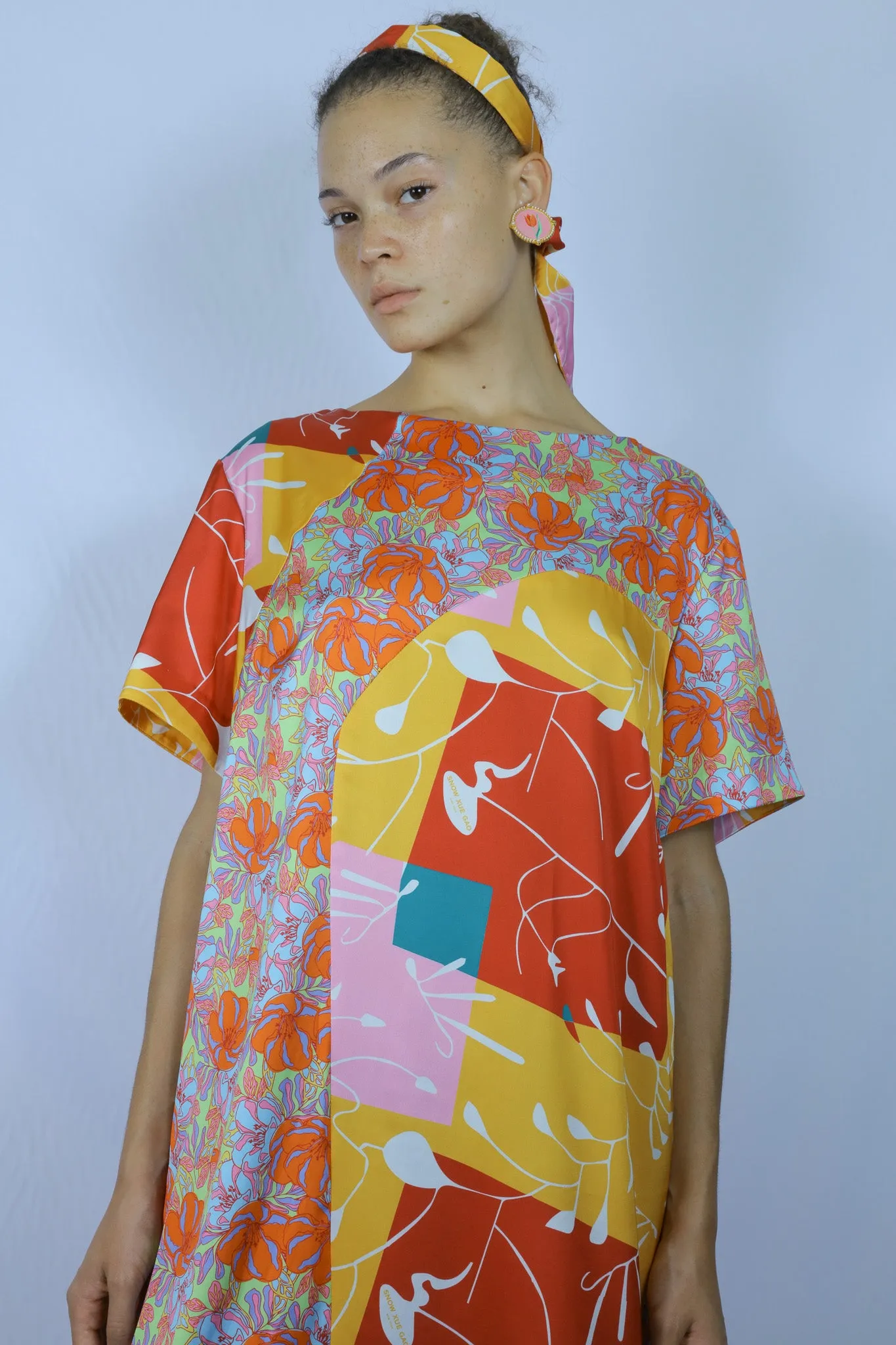 Silk Printed Orange Abstract Tunic Dress