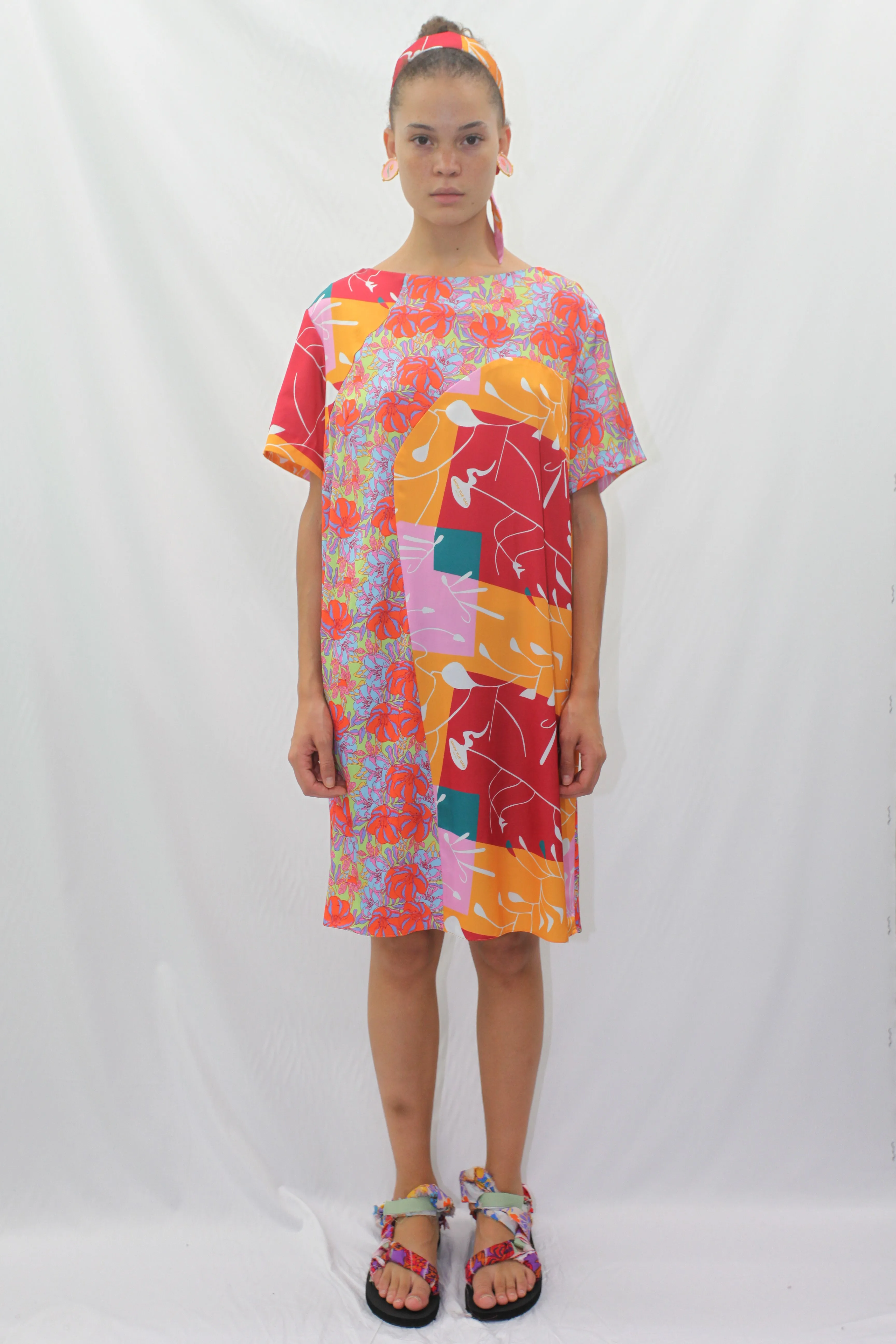 Silk Printed Orange Abstract Tunic Dress