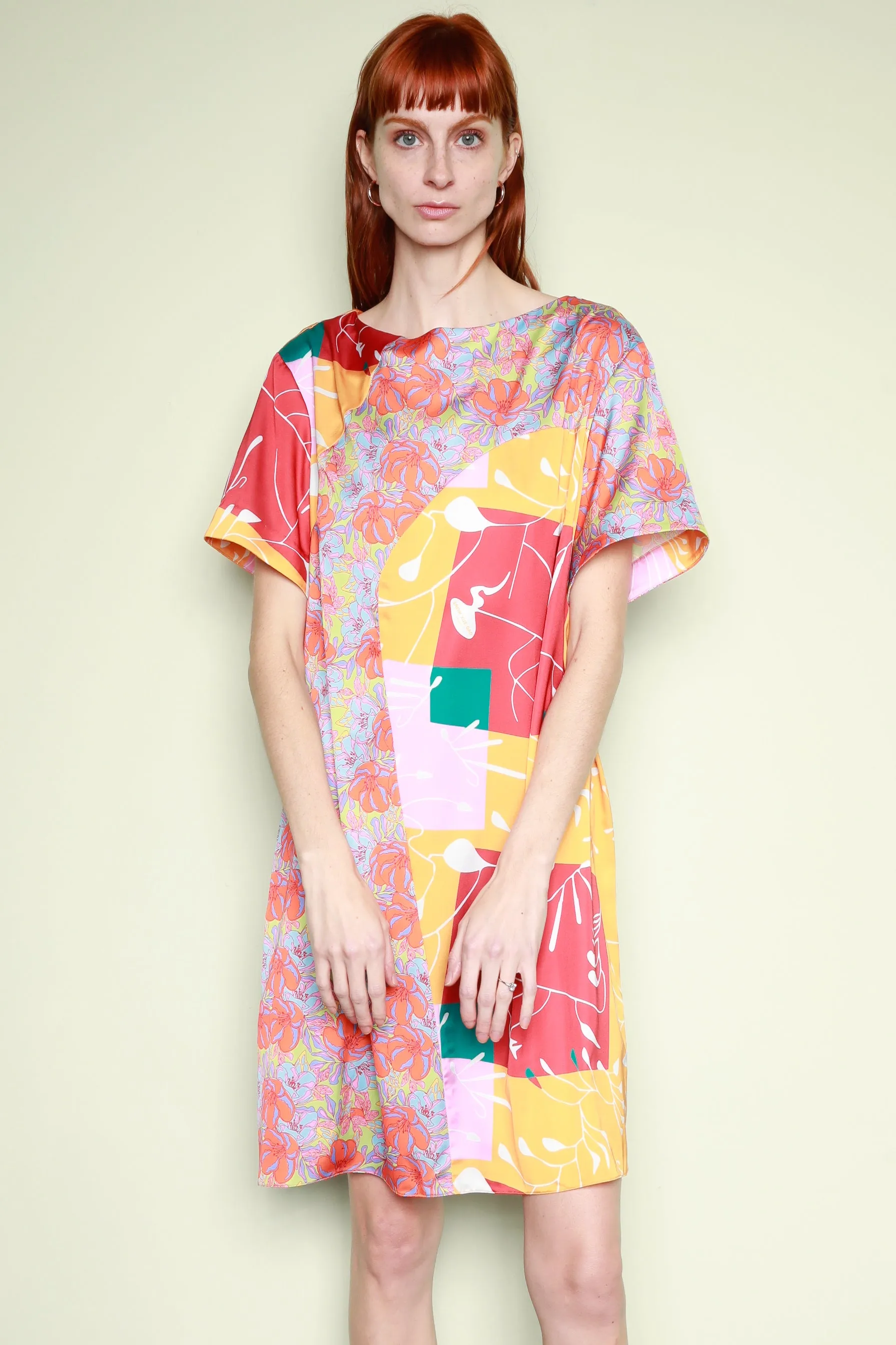 Silk Printed Orange Abstract Tunic Dress