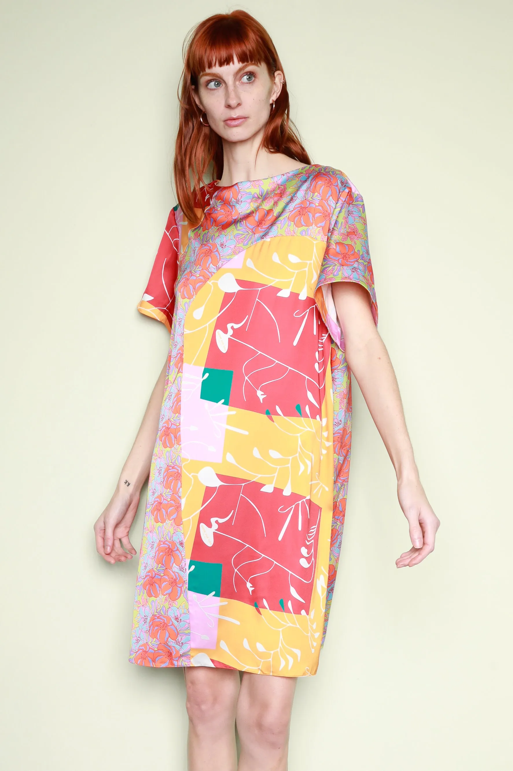 Silk Printed Orange Abstract Tunic Dress