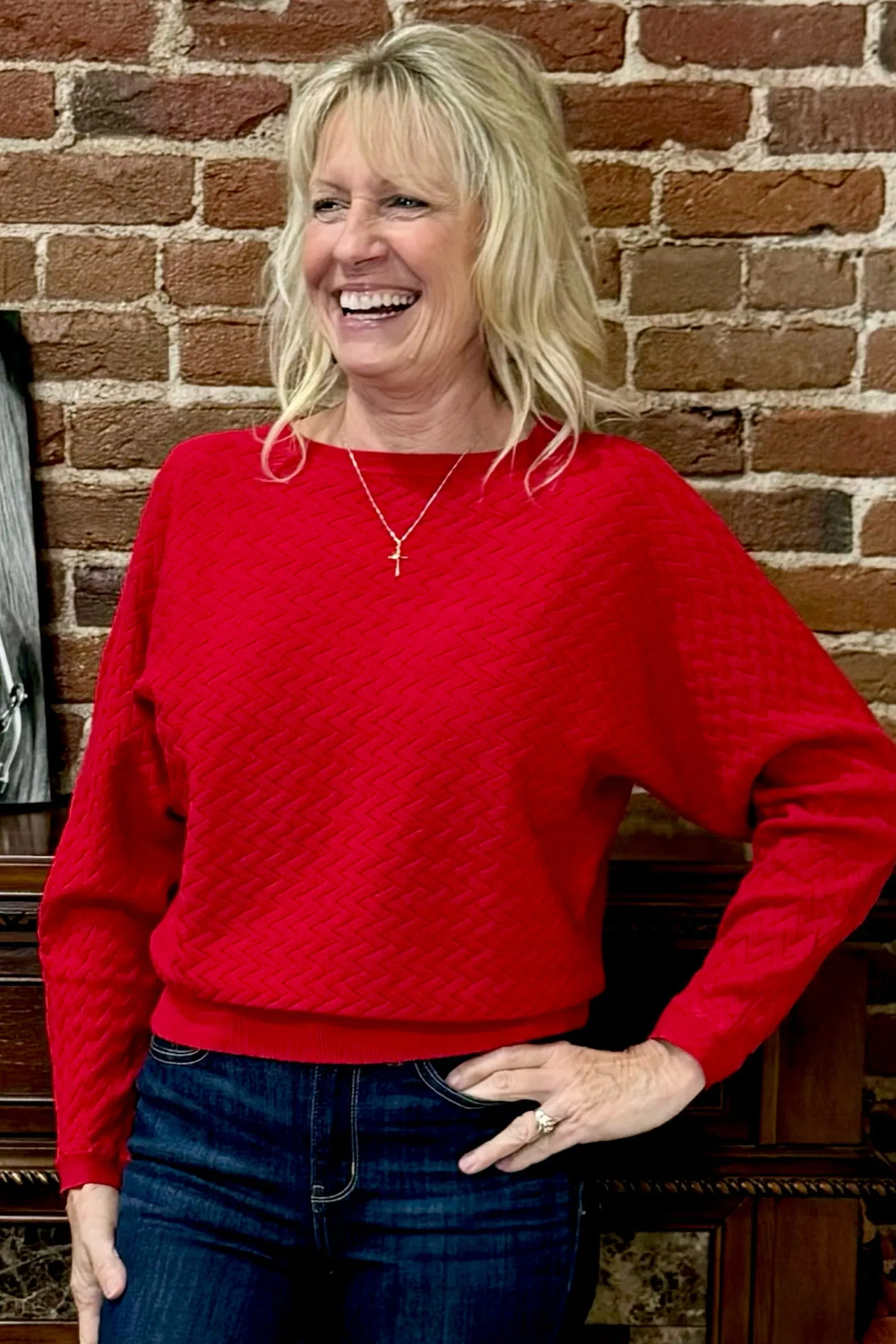 Soft Dolman Sleeved Herringbone Pullover - Red