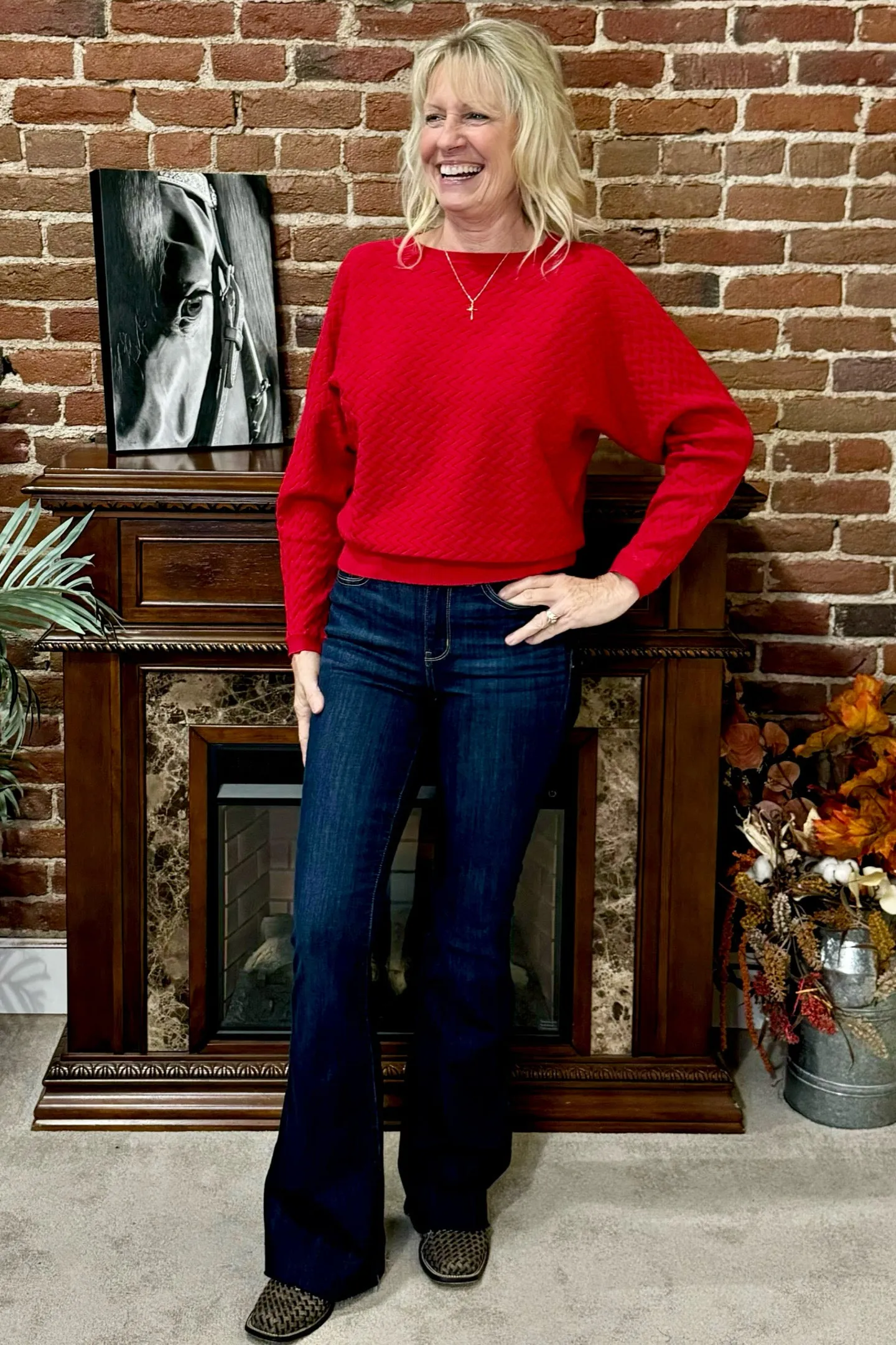 Soft Dolman Sleeved Herringbone Pullover - Red