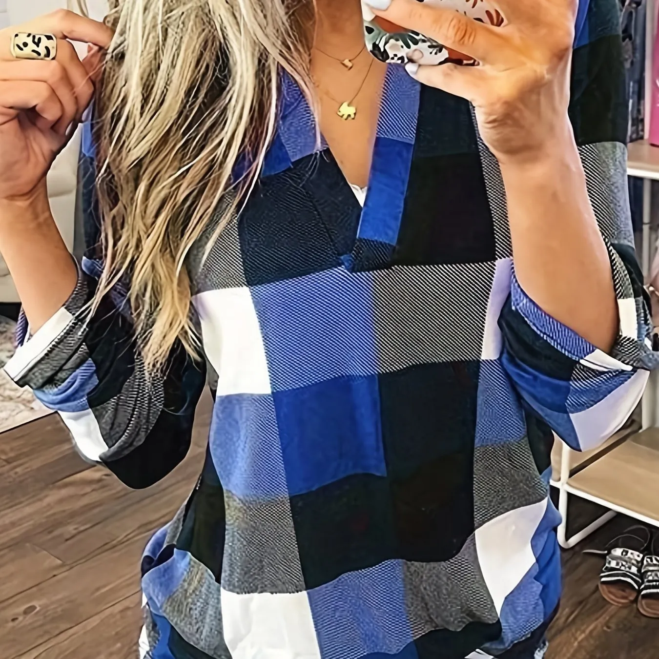 Stylish Plaid Vneck Perfect Everyday Long Sleeve Casual Shirt