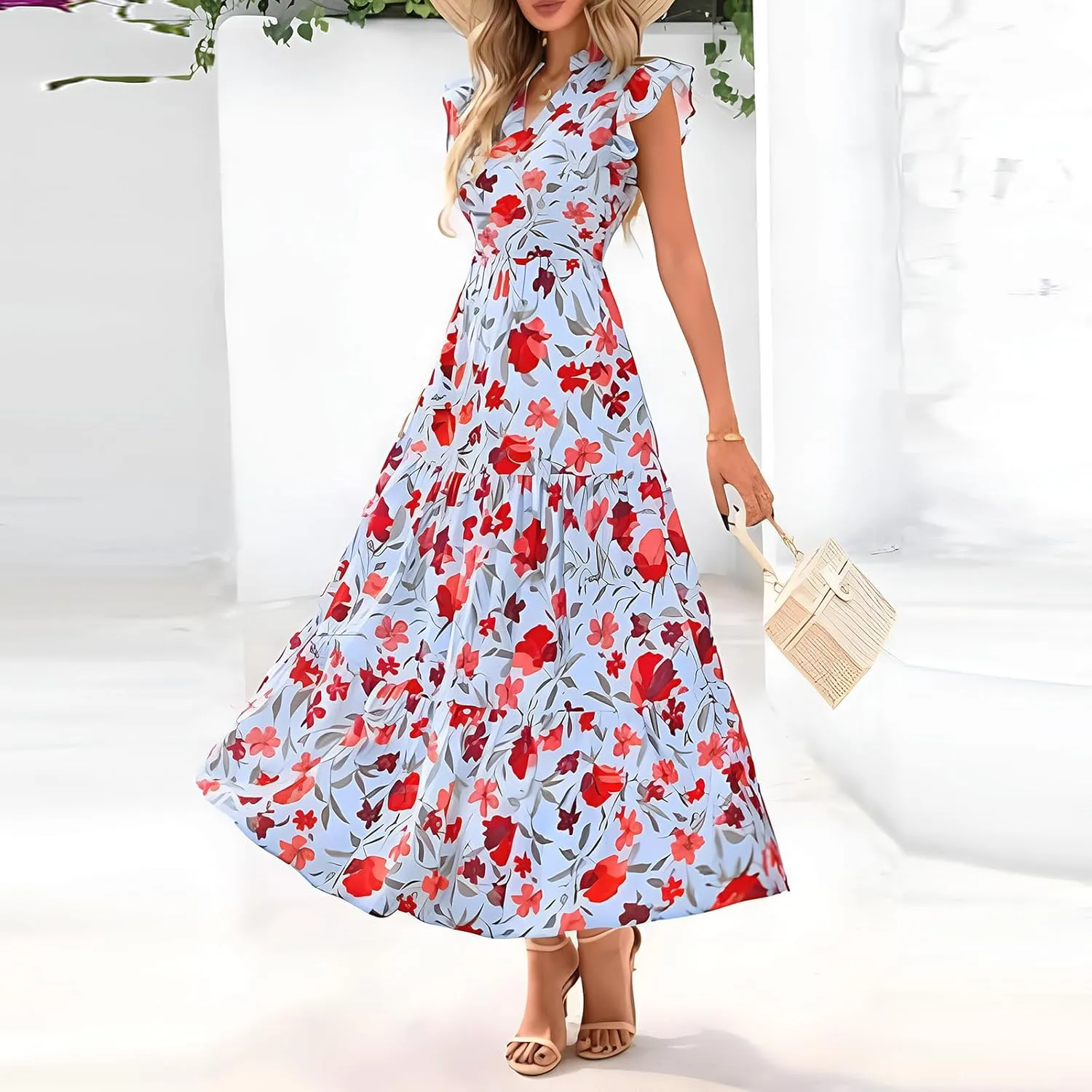 Summer Dresses for Women 2025 Floral Maxi Dress Cap Sleeve V Neck Ruffle Flowy Dresses Boho Beach Vacation Sundress