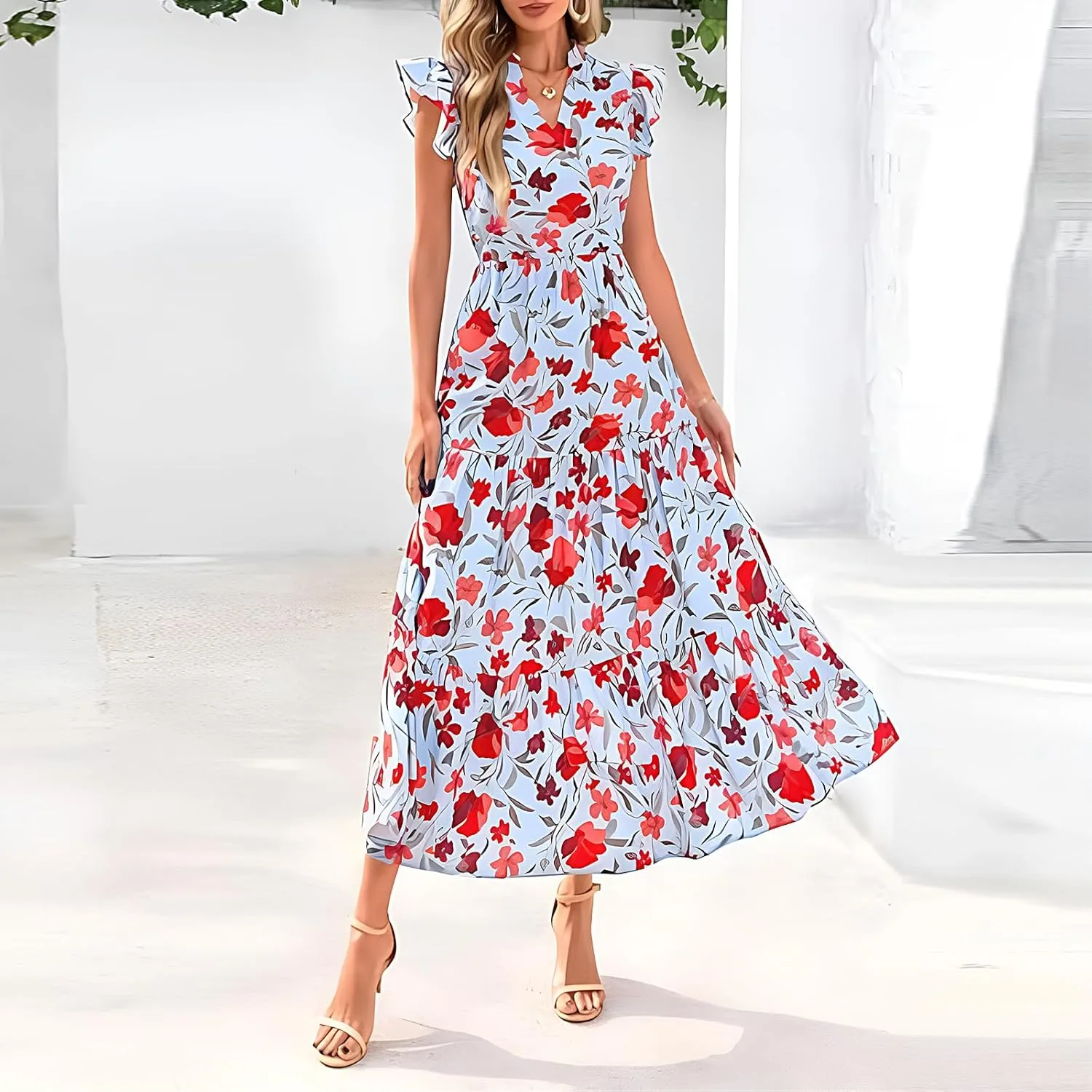 Summer Dresses for Women 2025 Floral Maxi Dress Cap Sleeve V Neck Ruffle Flowy Dresses Boho Beach Vacation Sundress