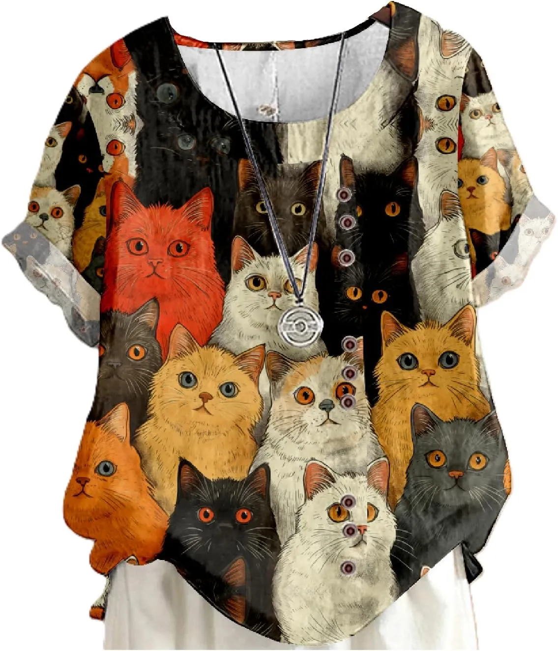 Summer Tops for Womens Cute Cat Print Short Sleeve Blouses Crewneck Lightweight Casual Lounge Japanese Art Tops