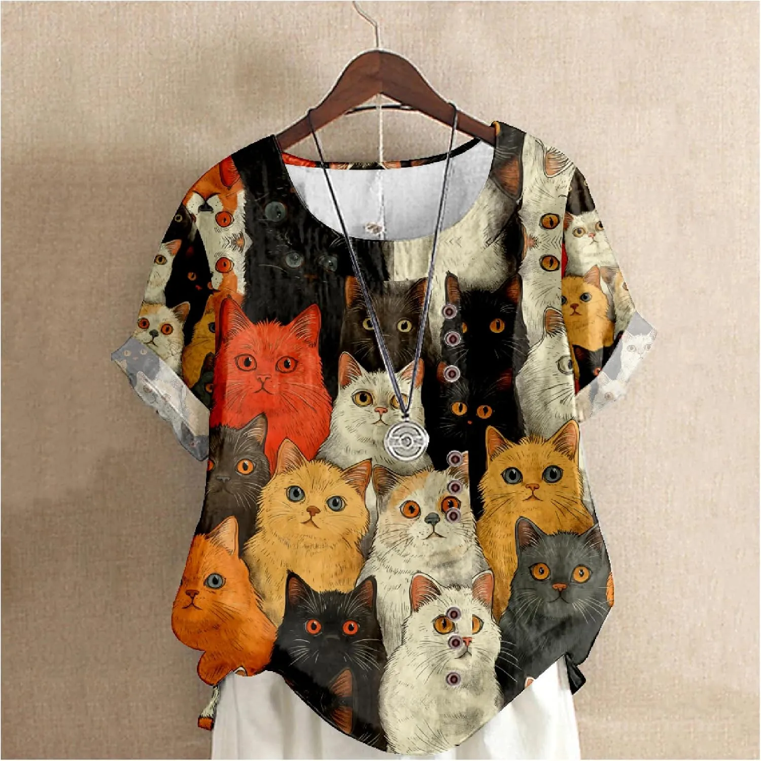 Summer Tops for Womens Cute Cat Print Short Sleeve Blouses Crewneck Lightweight Casual Lounge Japanese Art Tops