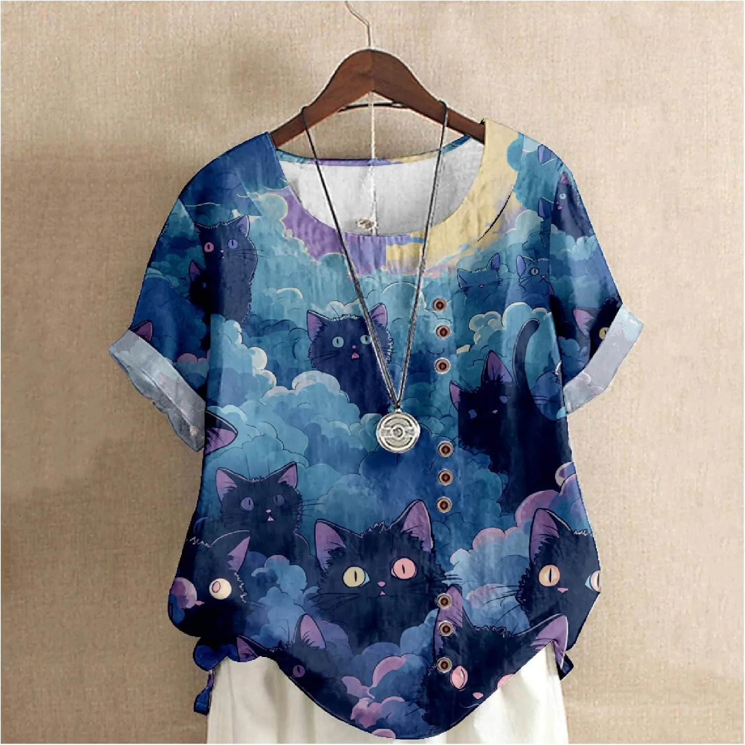Summer Tops for Womens Cute Cat Print Short Sleeve Blouses Crewneck Lightweight Casual Lounge Japanese Art Tops