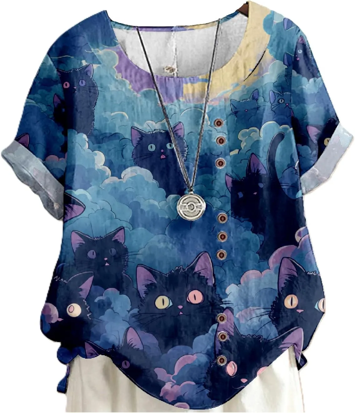 Summer Tops for Womens Cute Cat Print Short Sleeve Blouses Crewneck Lightweight Casual Lounge Japanese Art Tops