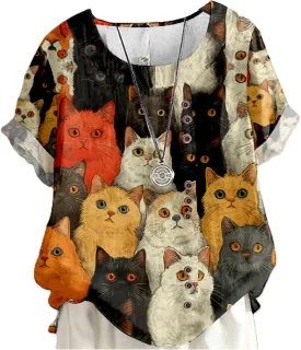 Summer Tops for Womens Cute Cat Print Short Sleeve Blouses Crewneck Lightweight Casual Lounge Japanese Art Tops