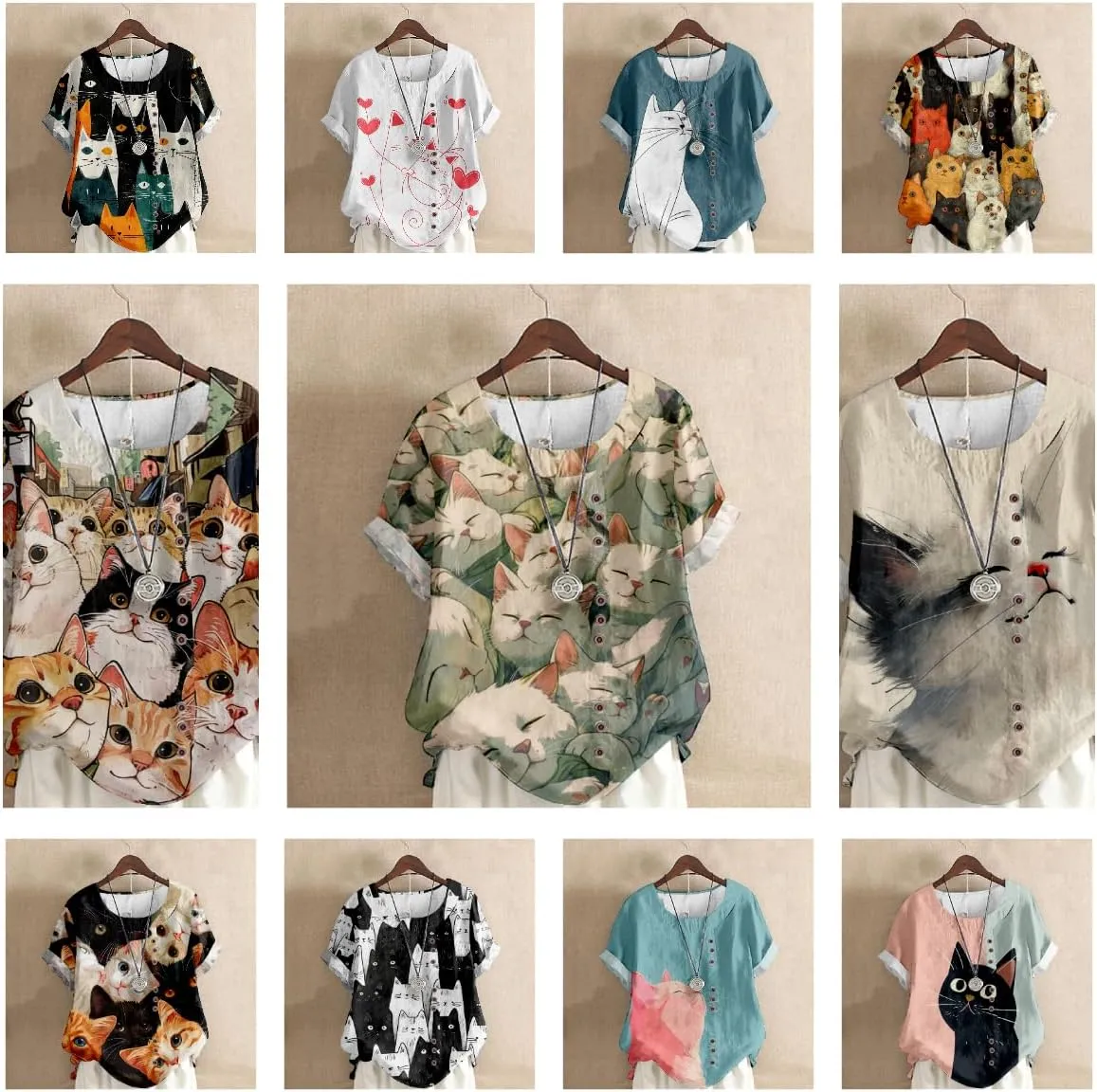 Summer Tops for Womens Cute Cat Print Short Sleeve Blouses Crewneck Lightweight Casual Lounge Japanese Art Tops