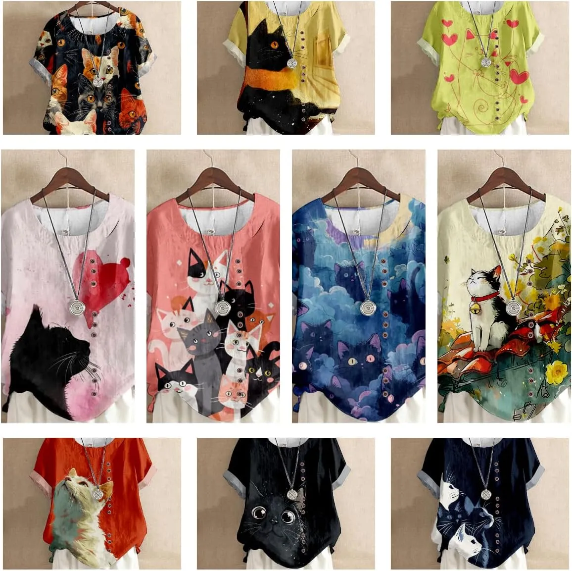 Summer Tops for Womens Cute Cat Print Short Sleeve Blouses Crewneck Lightweight Casual Lounge Japanese Art Tops