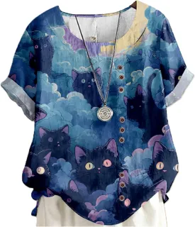 Summer Tops for Womens Cute Cat Print Short Sleeve Blouses Crewneck Lightweight Casual Lounge Japanese Art Tops