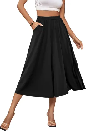 Umenlele Women's Stretchy Flared Basic Versatile High Waisted Casual Midi Skater Skirt