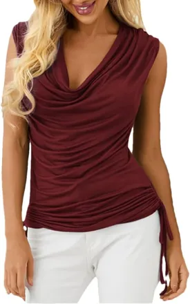 Veatzaer Women Cowl Neck Tank Tops Summer Ruched Sleeveless Casual Shirts Side Shirring Cotton Tops