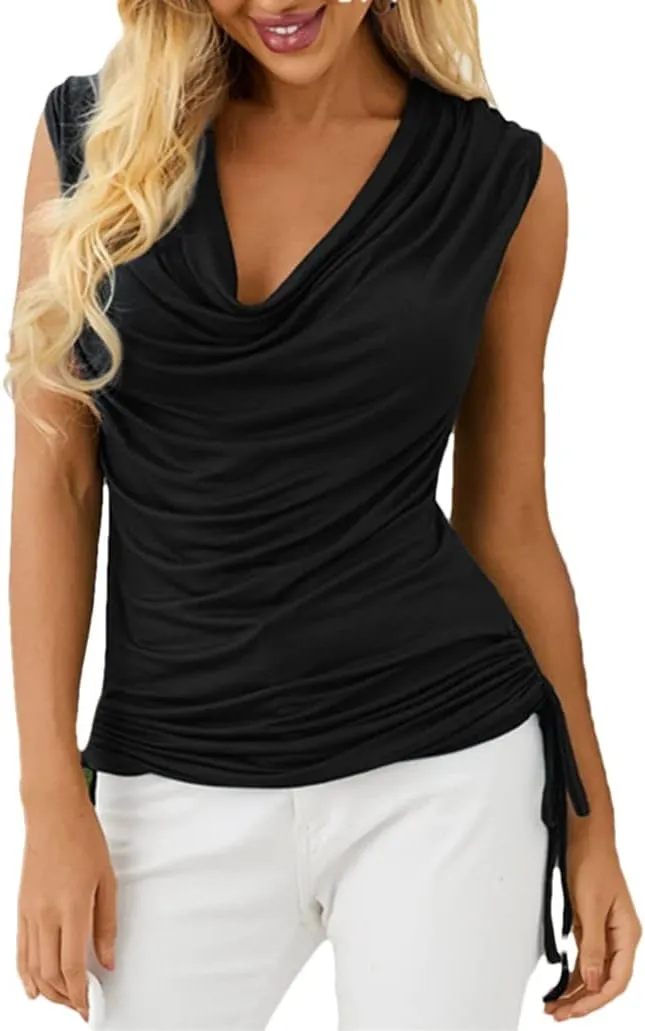 Veatzaer Women Cowl Neck Tank Tops Summer Ruched Sleeveless Casual Shirts Side Shirring Cotton Tops