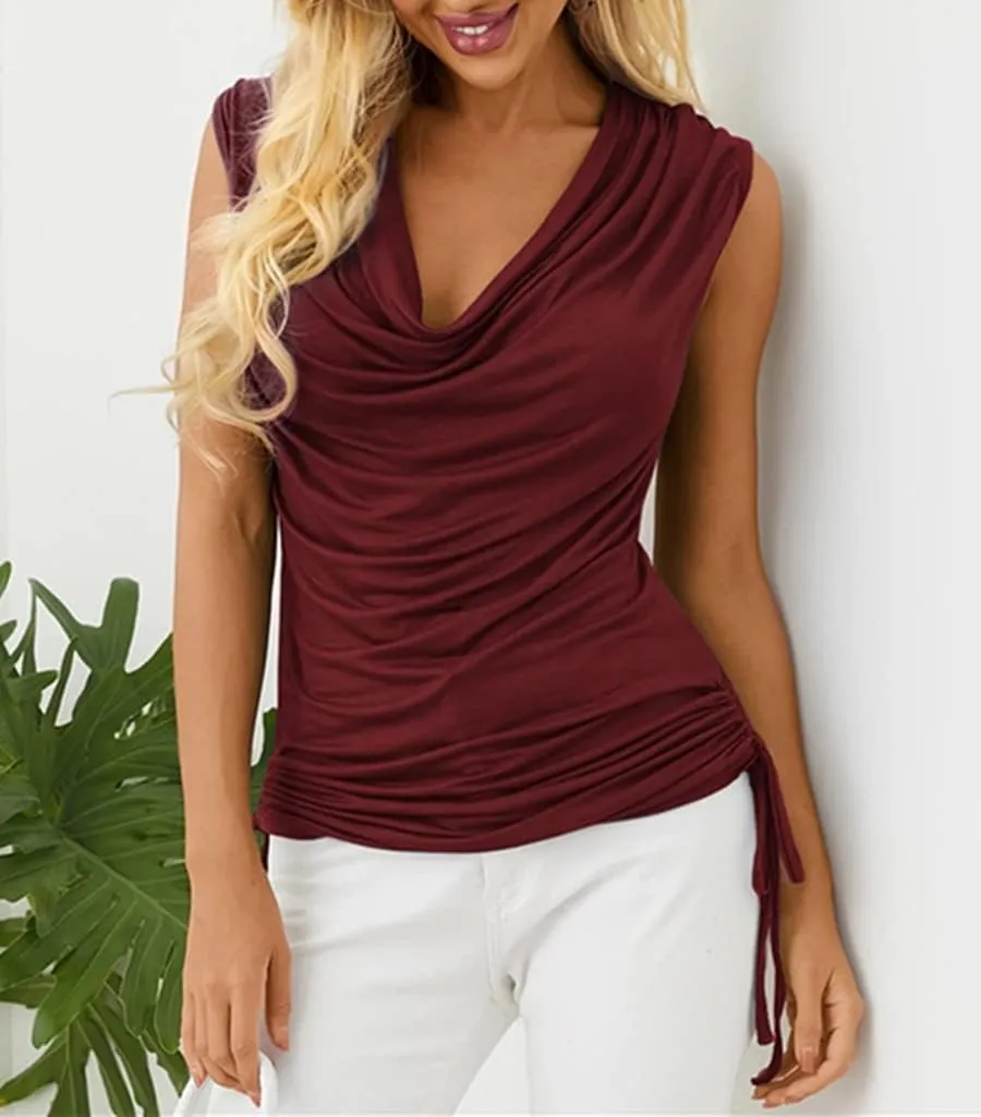 Veatzaer Women Cowl Neck Tank Tops Summer Ruched Sleeveless Casual Shirts Side Shirring Cotton Tops