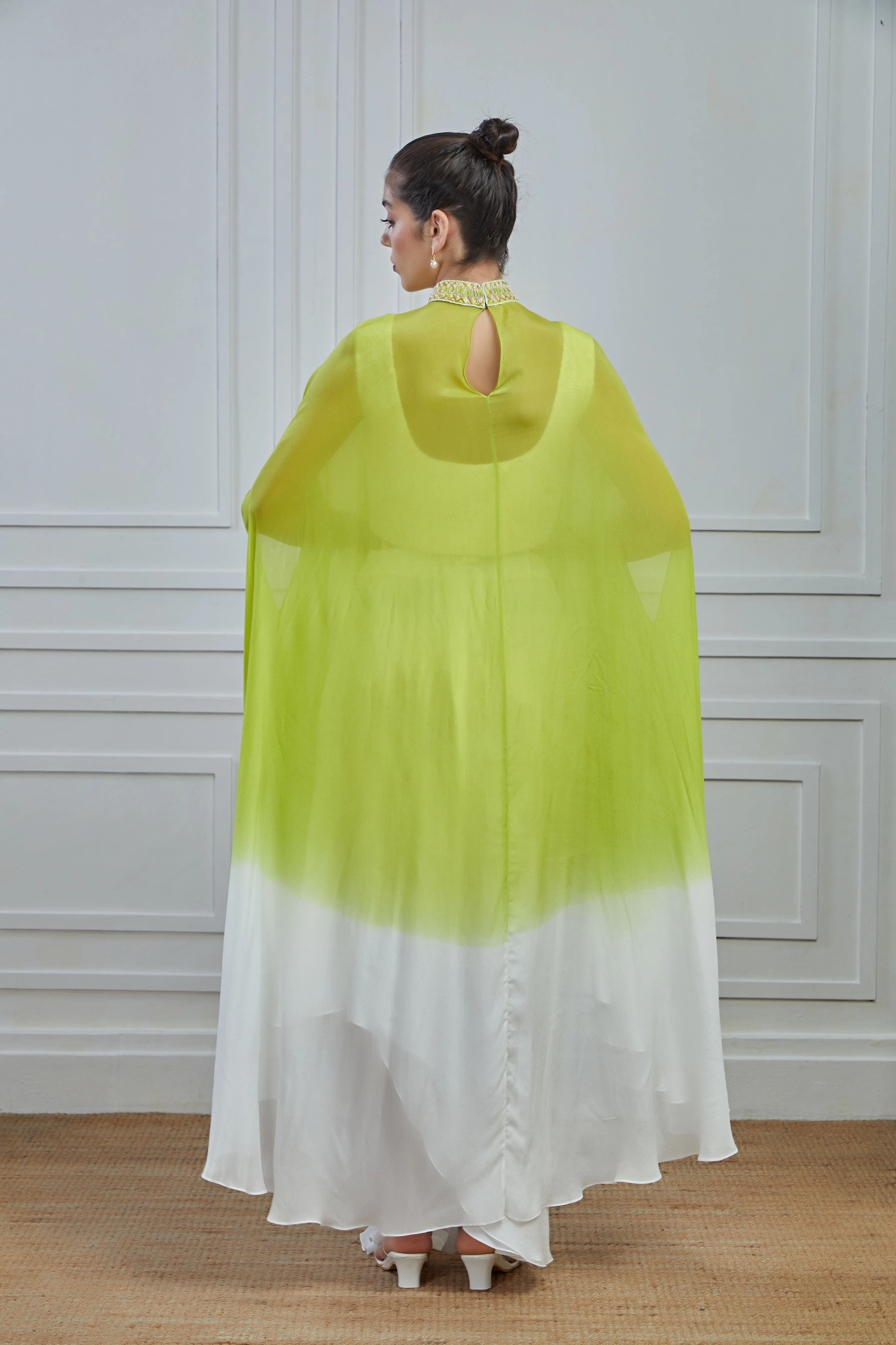 White Ombre-Dyed Crepe Silk Cape Skirt Set