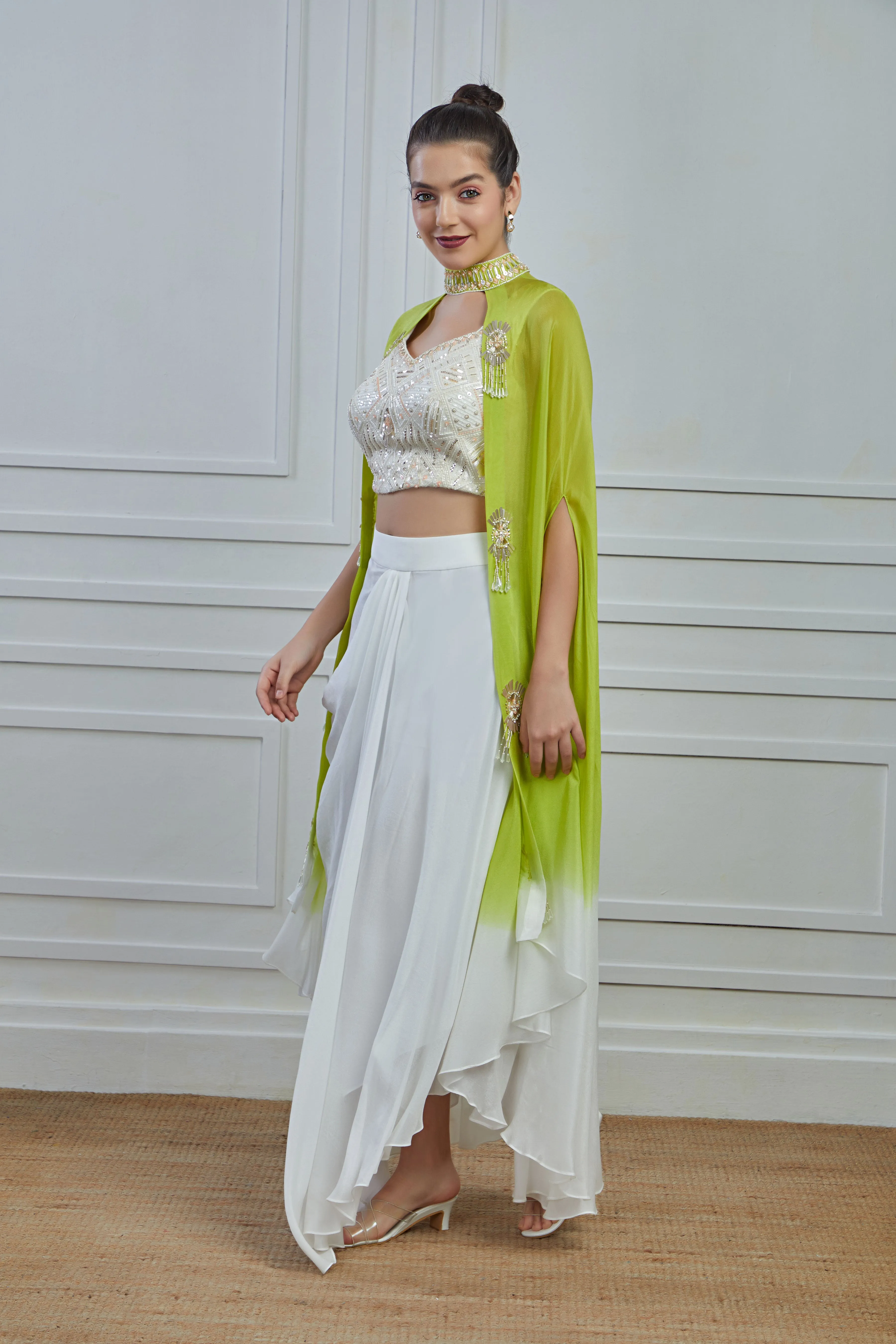 White Ombre-Dyed Crepe Silk Cape Skirt Set