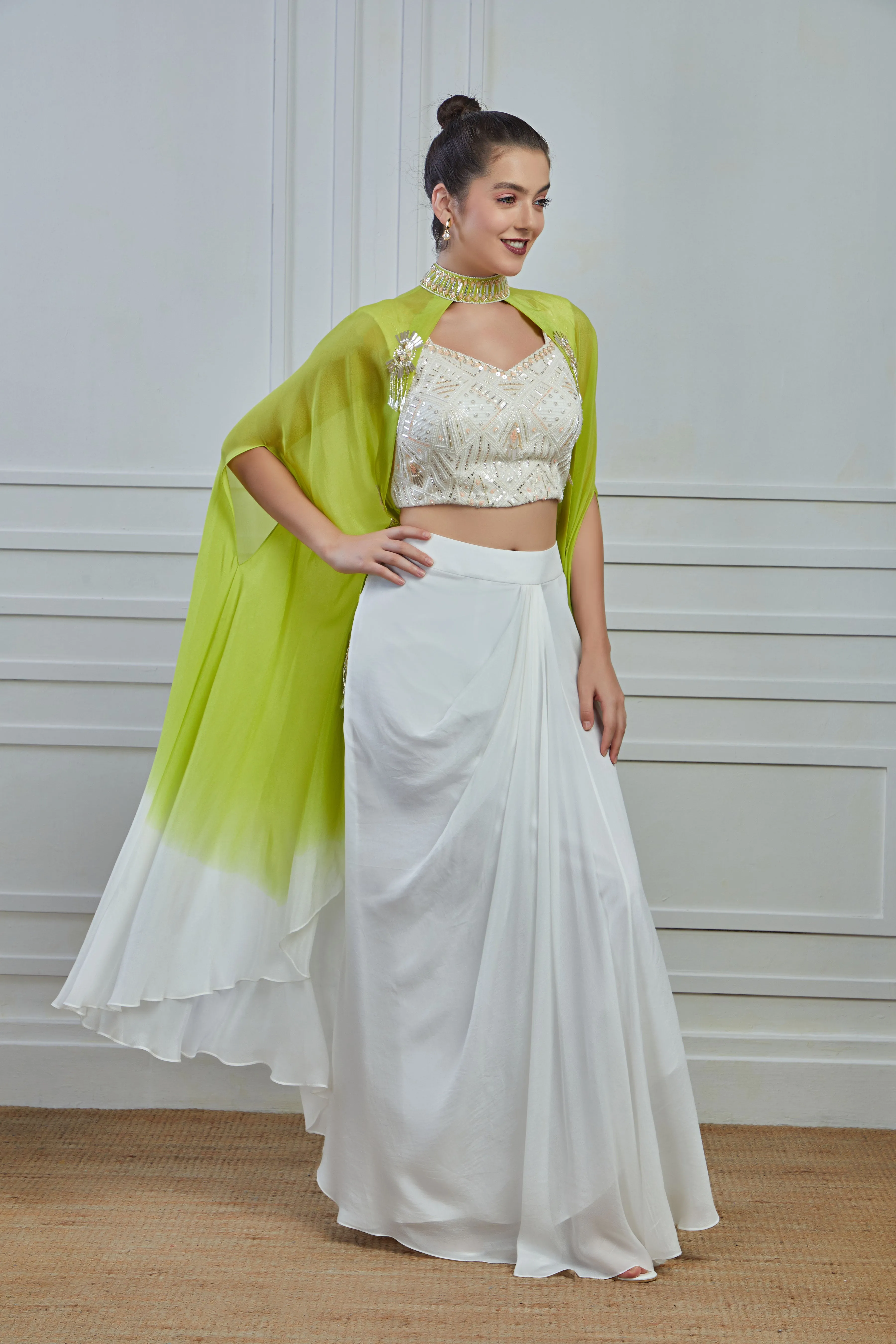 White Ombre-Dyed Crepe Silk Cape Skirt Set