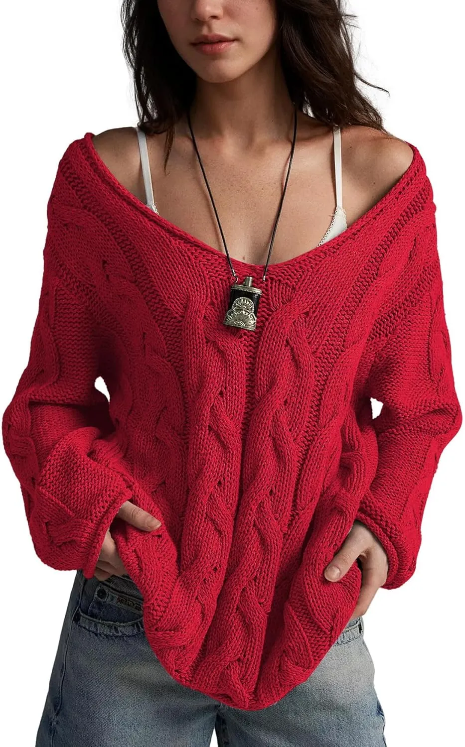 Womens Oversized Sweater Slouchy Wide V Neck Pullover Sweater Casual Long Sleeve Cable Knit Chunky Sweaters Tops