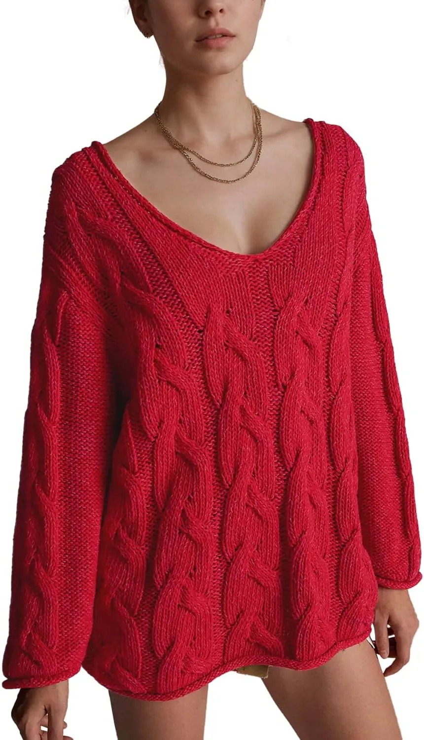 Womens Oversized Sweater Slouchy Wide V Neck Pullover Sweater Casual Long Sleeve Cable Knit Chunky Sweaters Tops