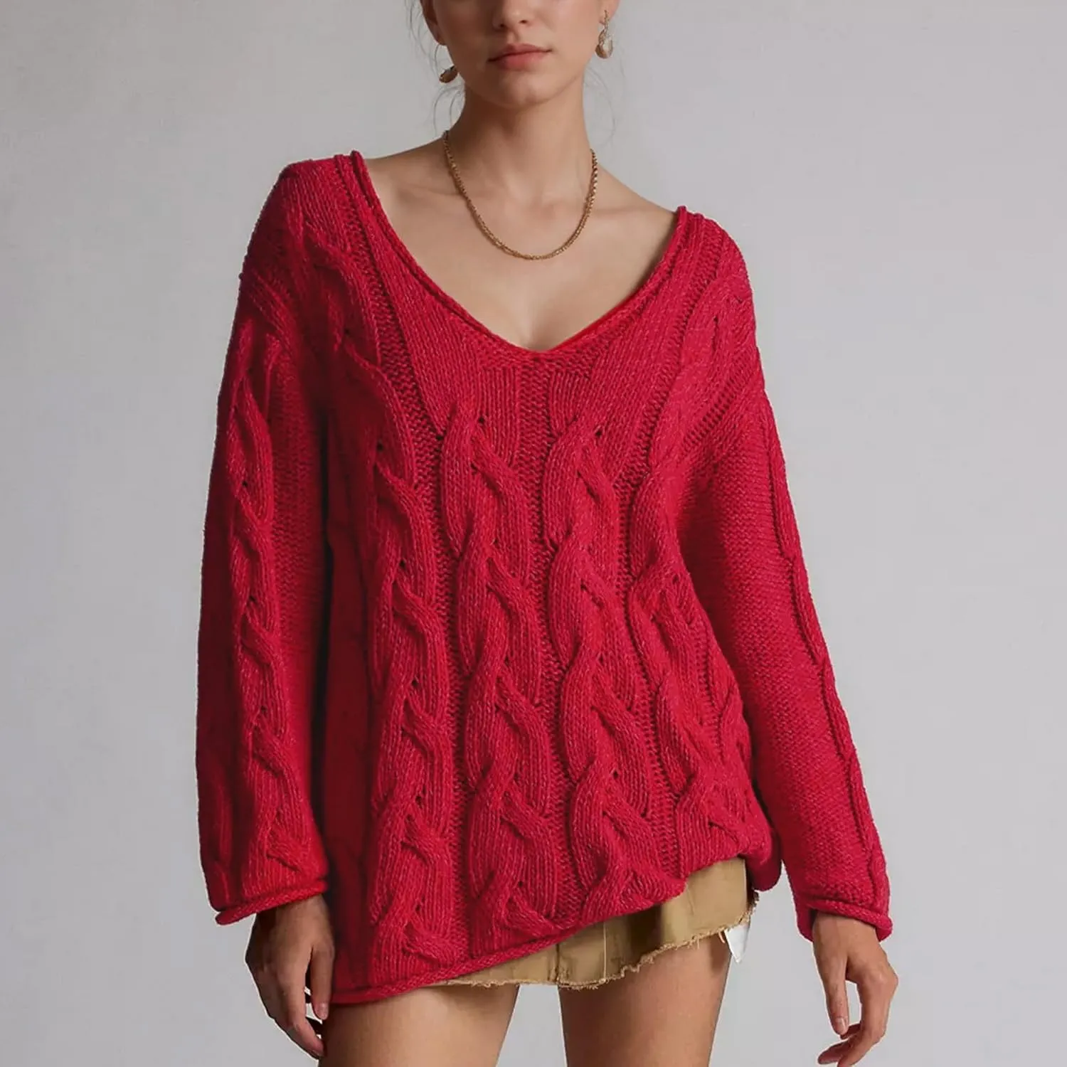 Womens Oversized Sweater Slouchy Wide V Neck Pullover Sweater Casual Long Sleeve Cable Knit Chunky Sweaters Tops