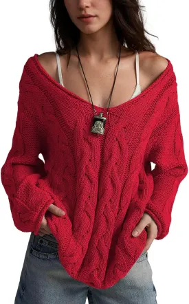 Womens Oversized Sweater Slouchy Wide V Neck Pullover Sweater Casual Long Sleeve Cable Knit Chunky Sweaters Tops