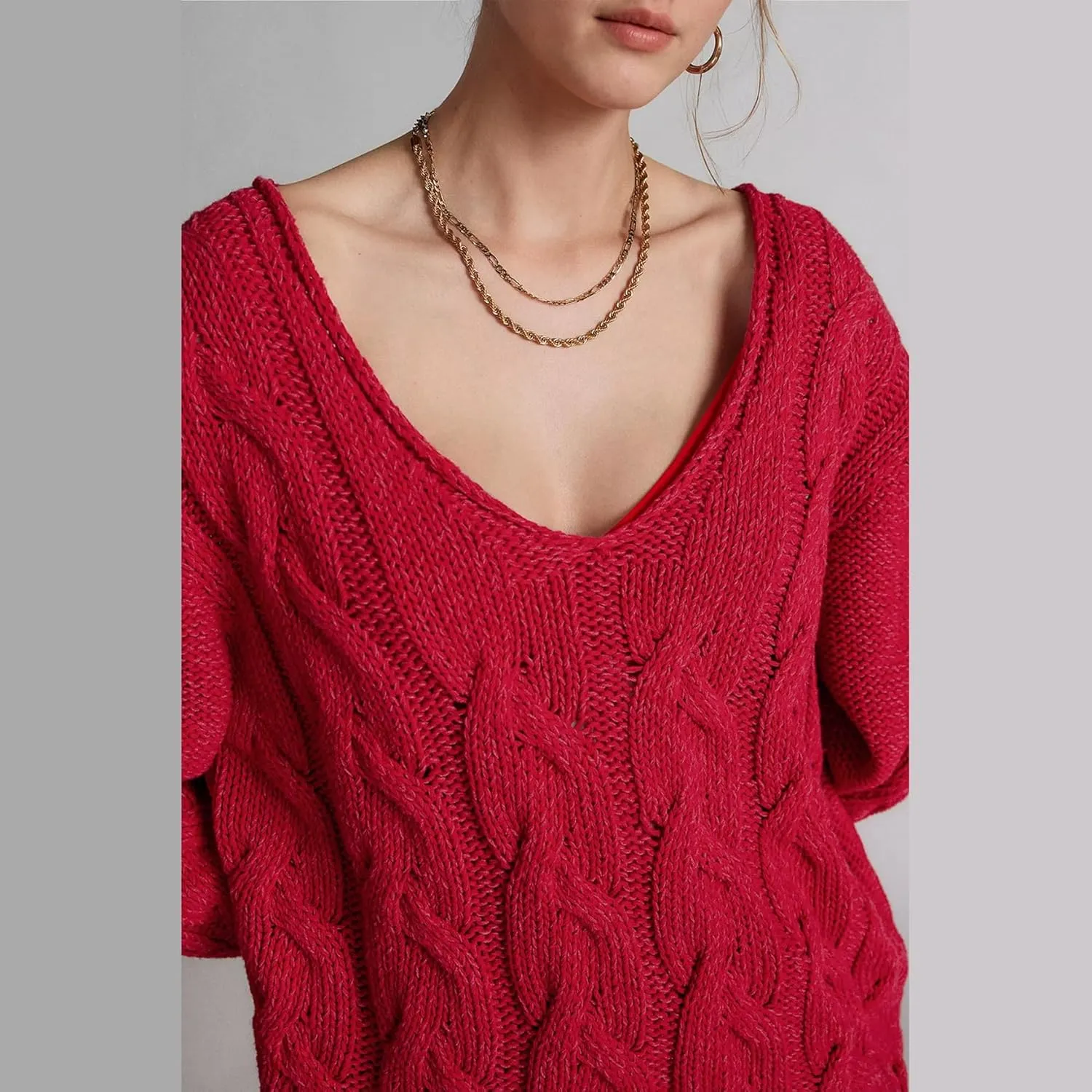Womens Oversized Sweater Slouchy Wide V Neck Pullover Sweater Casual Long Sleeve Cable Knit Chunky Sweaters Tops