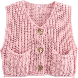 Yimoon Sweater Vest Women Sleeveless Cropped Button Down Chunky Knit Cardigan Casual Knitted Sweater Vest with Pockets